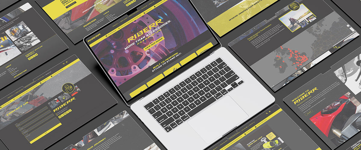 Website design for Riderr Motorcycles shown across laptop and page mockups